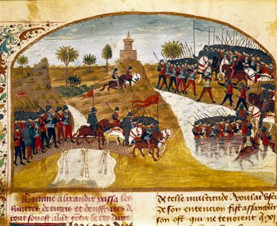 Král Alexandr Veliký (356-323 př. n. l.) a jeho armáda míjí Tygr a miniaturní Eufrat z „Knihy faktů Alexandra Velikého““ od Quinta Curtius Rufus (Quinte Curce) (1. století), asi 1468. 1335) Remeš. Městská knihovna od Unknown artist