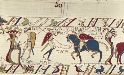 Posel krále Harolda mu dává zprávy o armádě vévody Williama, Bayeux Tapestry (vlněná výšivka na plátně) od Unknown artist