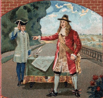 Anglický král Jakub II (James II Stuart) (1633-1701) během svého pobytu na zámku Saint-Germain-en-Laye (Saint Germain en Laye). Chromolitografie konce 19. století od Unknown artist