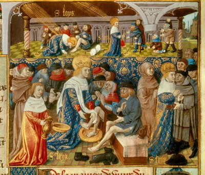 Král Ludvík IX. (1214-1270) (Svatý Ludvík) mytí nohou chudým a výjevy křesťanské lásky z miniatury krále převzaté z rukopisu „Kniha faktů Monsignora Saint Louis“““ 15. století. Paříž, B.N od Unknown artist