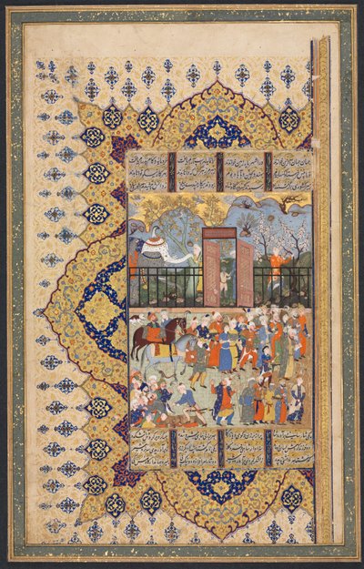 King Luhrasp Ascend the Throne: A Processon Arrives at Court, recto levého folia dvoustránkové kompozice ze Shahnamy (Knihy králů) z Firdausi (940-1019 nebo 1025) od Unknown artist