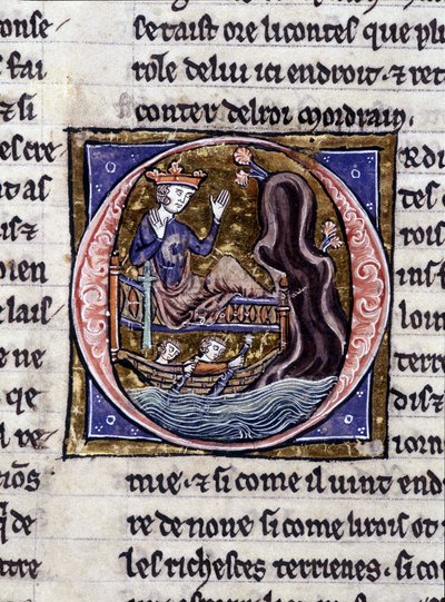 král Modreius. Rukopis: Dobytí Saint Gréal, napsaný 717 let po umučení našeho pána. Bibliotheque Municipale de Rennes, ms. 255 (Sbírka románů Kulatého stolu); Paříž od Unknown artist