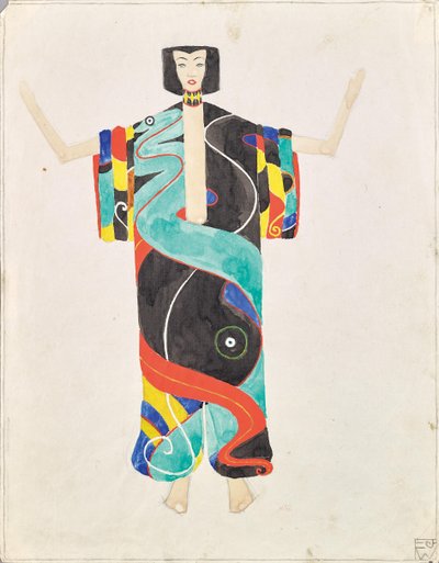 Kostýmní studie v kalhotovém kimonu pro představení "Der Mantel der Liebe" Julia Bittnera v zahradním divadle Mezinárodní výstavy umění, Vídeň 1909. od Unknown artist
