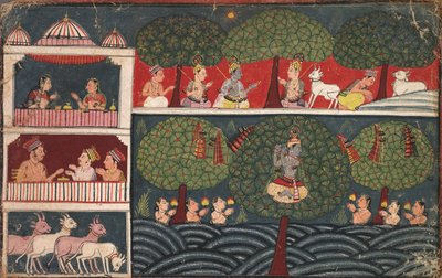 Krišna krade šaty dojek a vysvětluje ctnost stromů z Braj Bhagavata Purany od Unknown artist