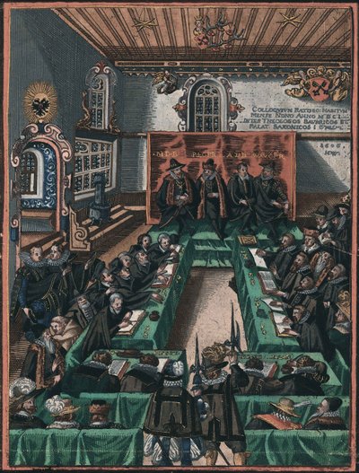 La conference religieuse de Ratisbonne en 1601 - Regensburgské náboženské kolokvium z roku 1601, Anonymní. mědirytina, akvarel, c. 1605. Historisches Museum der Stadt Regensburg od Unknown artist