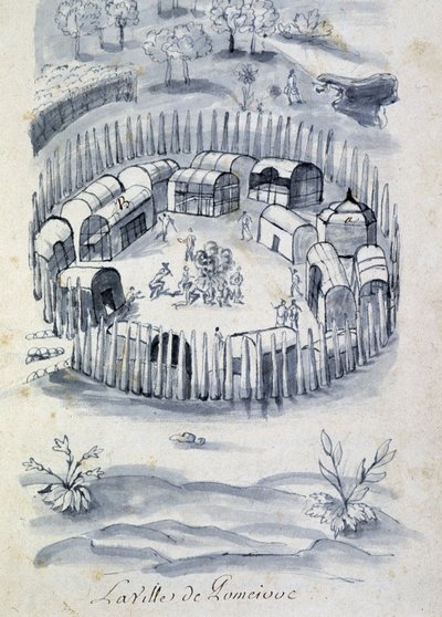 Město Pomeivue (koloniální tábor v Kanadě) - v „“ Dialog nebo rozhovor Francouze s divochem“ od Unknown artist