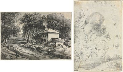 Krajina s chalupou (recto); Studie hlav (verze) od Unknown artist