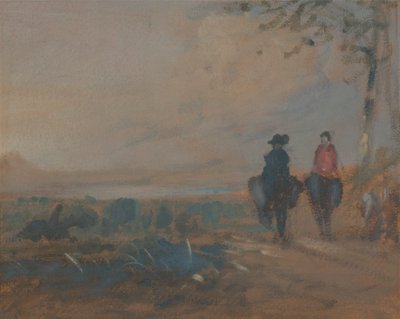Krajina s jezerem a dvěma postavami na koni od Unknown artist