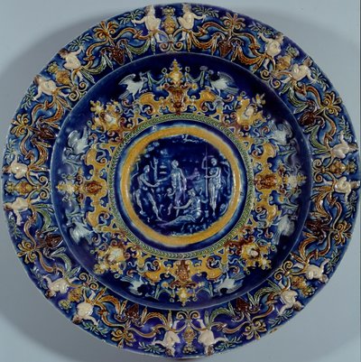 Velká polychromovaná fajánsová mísa s vyobrazením soudu v Paříži. 1550-1600 od Unknown artist