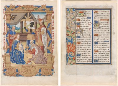 List z knihy hodin: Klanění tří králů (recto) a text s ilustrovaným okrajem (verso) (3 ze 3 vyříznutých listů) od Unknown artist