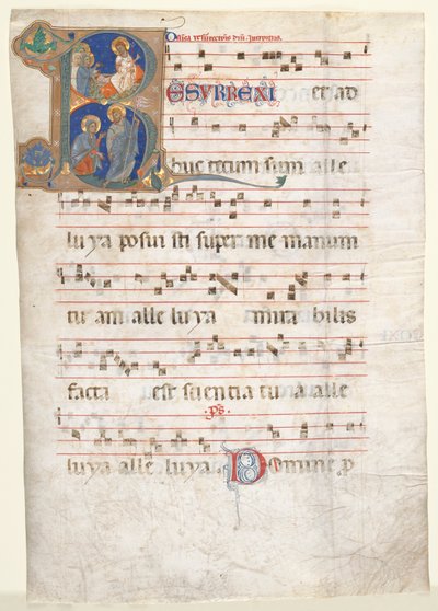 List z graduálu: Iniciála (R) se třemi Mariemi u hrobu a „Noli me Tangere“ od Unknown artist