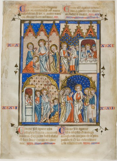 List z obrazového cyklu: Kristus se zjevuje třem Mariím, Kristus a poutníci na cestě do Emauz, Pochybující Tomáš a Kristus se zjevuje apoštolům. od Unknown artist