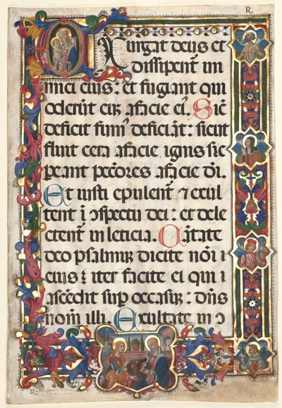 List ze žaltáře s plným okrajem s medailony (Zvěstování, SS. Jerome, Clare, Sebastian a Bernardino) a historickou iniciálou (E): Panna a dítě od Unknown artist
