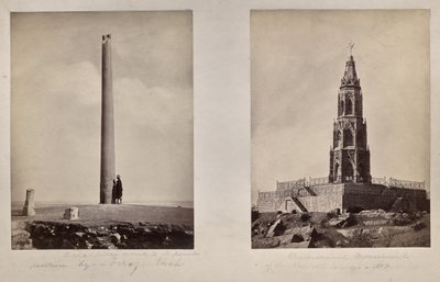 Vlevo: [Ašókův sloup přesunutý Ferozem Šáhem na současné místo]. Vpravo: Památník britských vojáků z roku 1859. od Unknown artist
