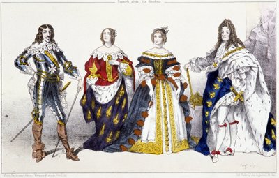 Les Bourbons: Ludvík XIII. (1601-1643) a Anna Rakouská (1601-1666), Marie Terezie Rakouská (nebo Španělská) (1638-1683) a Ludvík XIV. (1638-1715) - Talíř extrahovaný od králů a královen Francie v tisku, Paris, ed. Rychlý od Unknown artist
