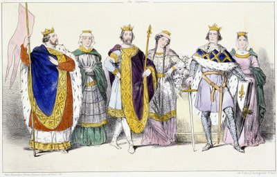 Kapetovci: Ludvík VI. Le Gros (1081-1137) a Adelaide Savojská (asi 1100-1154), Ludvík VII. Le Jeune (1120-1180) a Adéla ze Champagne (nebo Blois) (asi 1140-1206), Philippe II dit Philippe Auguste (1165-1223) a Isabelle de Hainaut (1170-1190) - deska fr od Unknown artist