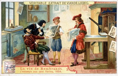 Liebigova chromolitografie o životě Rembrandta (1606 - 1669) holandského malíře. Toto je tisk 100 zlatých v roce 1654. od Unknown artist