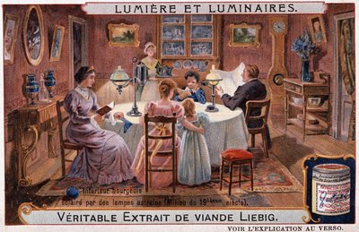 Světla a svítidla, buržoazní interiér osvětlený astrálními lampami - chromo. Liebig v. 1895 od Unknown artist