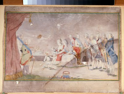 Císařovna Kateřina II s rodinou a kurtizány (Císařovna Kateřina II s rodinou a dvořany) - Anonymní dílo, akvarel a inkoust na papíře, konec roku 1780 od Unknown artist