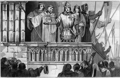 Ludvík VII. (1120-80) Mladý získává podporu pro druhou křížovou výpravu v roce 1144 - Ludvík VII. podniká 2. křížovou výpravu na radu svatého Bernarda de Clairvaux (San Bernardo di Chiaravalle) - Rytina 1825 v „Histoire de France zastoupená synoptickou od Unknown artist