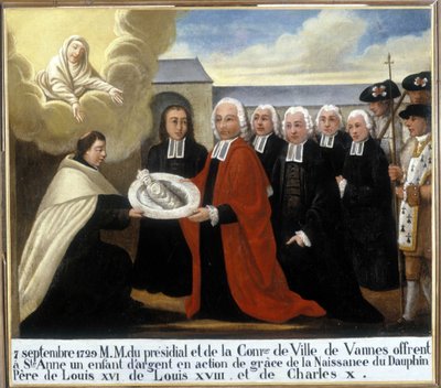 MM du Presidial et de la Commune de Vannes nabízí svaté Anně jako díkůvzdání stříbrné dítě z narození delfína Louise de France (1729-1765), 7. září 1729 - Ex-Voto Sainte Anne d