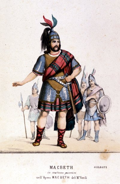 Postava Macbetha v kostýmu bojovníka ve stejnojmenné opeře Giuseppe Verdiho (1813 - 1901) podle díla Williama Shakespeara. 1847. Rytina. od Unknown artist