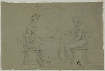 Muž a žena sedí u stolu od Unknown artist