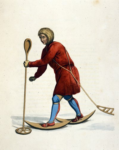 Muž z kmene Ostiak (Khanty nebo Khante) (Sibiř) na lyžích. Rytina „Kostým ruského impéria“ Londýn 1803. od Unknown artist