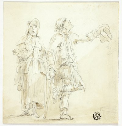 Muž o berlích žebrání, se ženou, která zpívá a drží dítě od Unknown artist