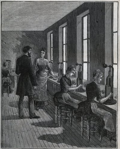 Výroba kovových peří: dílna na decoupage ve Francii v 19. století. Rytina z roku 1885 v „“Les arts et metiers illustres““ od Adolphe BITARDA. od Unknown artist
