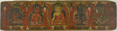 Obálka rukopisu s Buddhou, dvěma bódhisattvami a dvěma ochrannými božstvy (Lokapaly) od Unknown artist