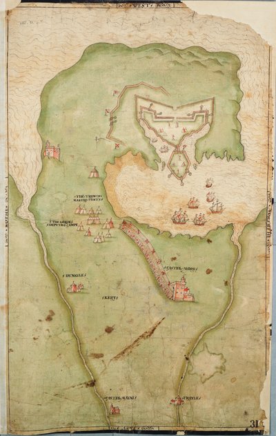 Mapa Smerwicku v Irsku, na které je zobrazen anglický zemní val se dvěma děly pro útok na španělskou pevnost a angličtí vojáci pochodující z Castell More od Unknown artist