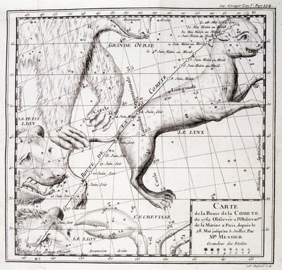 Mapa kometární cesty z roku 1762 a mapa oblohy, pozorovaná Messierem - rytina od Unknown artist
