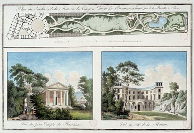 Mapa zahrady a domu francouzského spisovatele a dramatika Pierra Augustina Carona de Beaumarchais (1732-1799) na současném Boulevard Beaumarchais v Paříži. Rytina kolem roku 1795 Paříž, Musee Carnavalet od Unknown artist