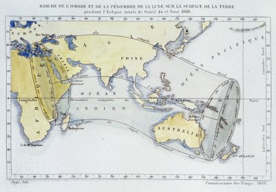 Mapa, publikovaná Bureau of Longitudes, ukazující pochod stínu a temnoty Měsíce na zemském povrchu během zatmění v roce 1868 od Unknown artist