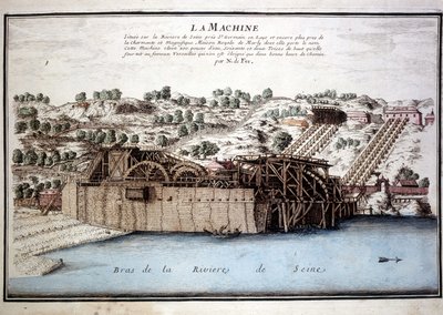 Stroj Marly de Rennequin používal k pohonu vod Seiny do Versailles přes akvadukt Marly. Rytina z roku 1700. od Unknown artist