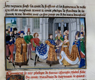 Sňatek Philippa Augusta (1165-1223) a Isabelle de Hainault (28. dubna 1181). Miniatura v „“ Chronicles of Emperors”” od Loyseta Liedeta (1420-1479) od Unknown artist