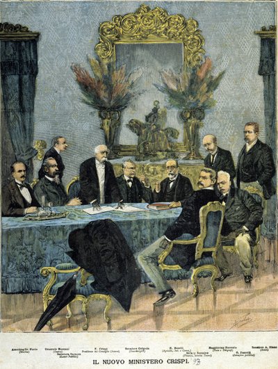 Ministři nové „Crispiho“ vlády: zleva doprava admirál Morin, generál Mocenni, Francesco Crispi, senátor Calenda, P. Boselli, Sidney Sonnino, Maggiorino Ferraris, G. Faccelli a senátor A. Blanc od Unknown artist