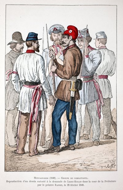 Montagnards (1848), skupina bojovníků, z nichž jeden nosí frygickou čepici a revoluční kokardu. Eau forte en couleurs, reprodukce kresby provedené na přání Alexandra Ledru-Rollina (Ledru Rollin) (1807-1874) na nádvoří od Unknown artist