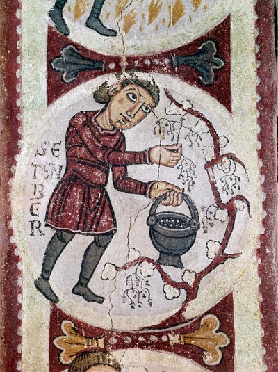 Měsíční cyklus: září (sklizeň). Detail fresky z 12. století z královského panteonu Real Colegiata of San Isidoro (Royal Collegiale of Saint Isidore). Leon. od Unknown artist