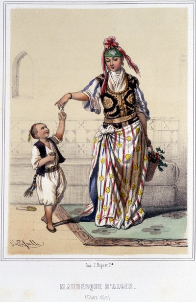 Maurská žena doprovázená dítětem doma v Alžíru během druhé poloviny 19. století. od Unknown artist