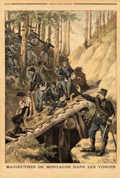 Horský manévr ve Vogézách praporu alpských myslivců s žádostí o schlitte, saně na těžbu dřeva. Rytina v „“ Le petit journal“ 19/07/1896. Selva sbírka. od Unknown artist