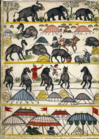 Mughalský vojenský tábor. Stránka z rukopisu (ms.8300) „“Historie Mogolu““ (Moghul nebo Moghol) od Stefana Nivibuse Cardeiry. 18. století. Bibloteca marciana, Benátky od Unknown artist