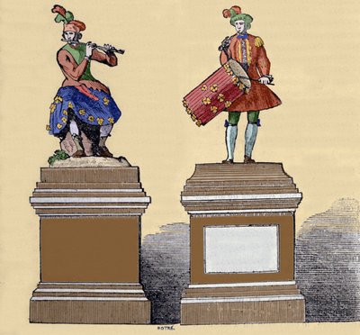 Hudební automaty: „“ Hráč na flétnu traversiere““ (1737) a „“ Hráč na tamburínu“ (1738). Vyrobil je Jacques de Vaucanson (1709-1782), francouzský inženýr. od Unknown artist