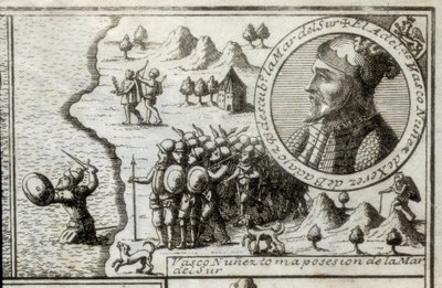 NUNEZ DE BALBOA, Vasco (1475-1517). Anglický objevitel a dobyvatel. Španělsko. Španělská kolonizace (1513). Vasco Nunez se zmocňuje Jižního moře. Obrázek z roku 1728. Rytina. od Unknown artist