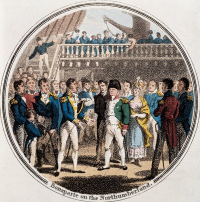 Napoleon Bonaparte a anglický admirál George Cockburn na Northumberlandu v doprovodu madame Bertrand (barevné litho) od Unknown artist