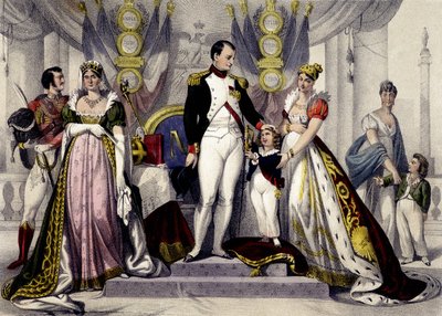 Napoleonská dynastie v letech 1804 až 1815. Josefína, Napoleon I., král římský, Marie Louise. Rytina 19. století. od Unknown artist