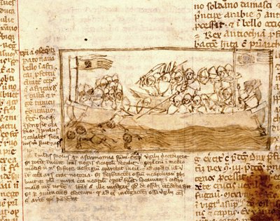 Námořní bitva mezi Saracény a křižáky v roce 1120. Podle rukopisu „Pouť do Svaté země“ z 12. století. Marciana, Benátky. od Unknown artist