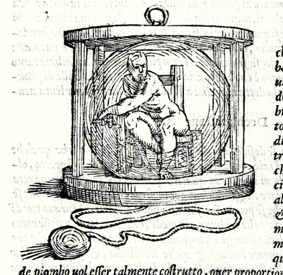 Druhý oblek Nicoli Fontany s názvem Tartaglia (1499 - 1557). Poskytuje křišťálovou kouli, do které se potápěč uzavře. Rytina 16. století. od Unknown artist