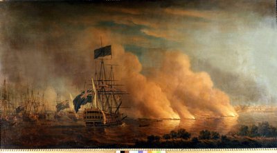 Noční útok francouzských brulotů proti anglické flotile v přístavu Quebec: Angličané podnikli 28. 6. 1759. Malování. od Unknown artist